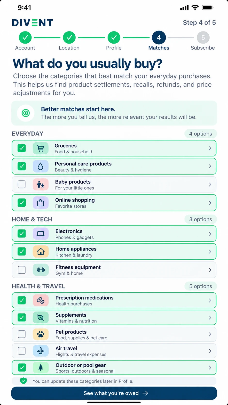 DIVENT category profile onboarding