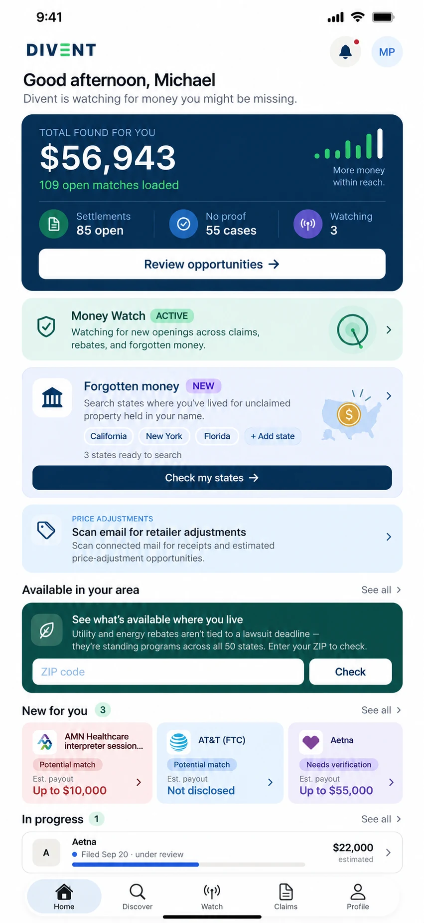 DIVENT Home screen showing personalized money opportunities