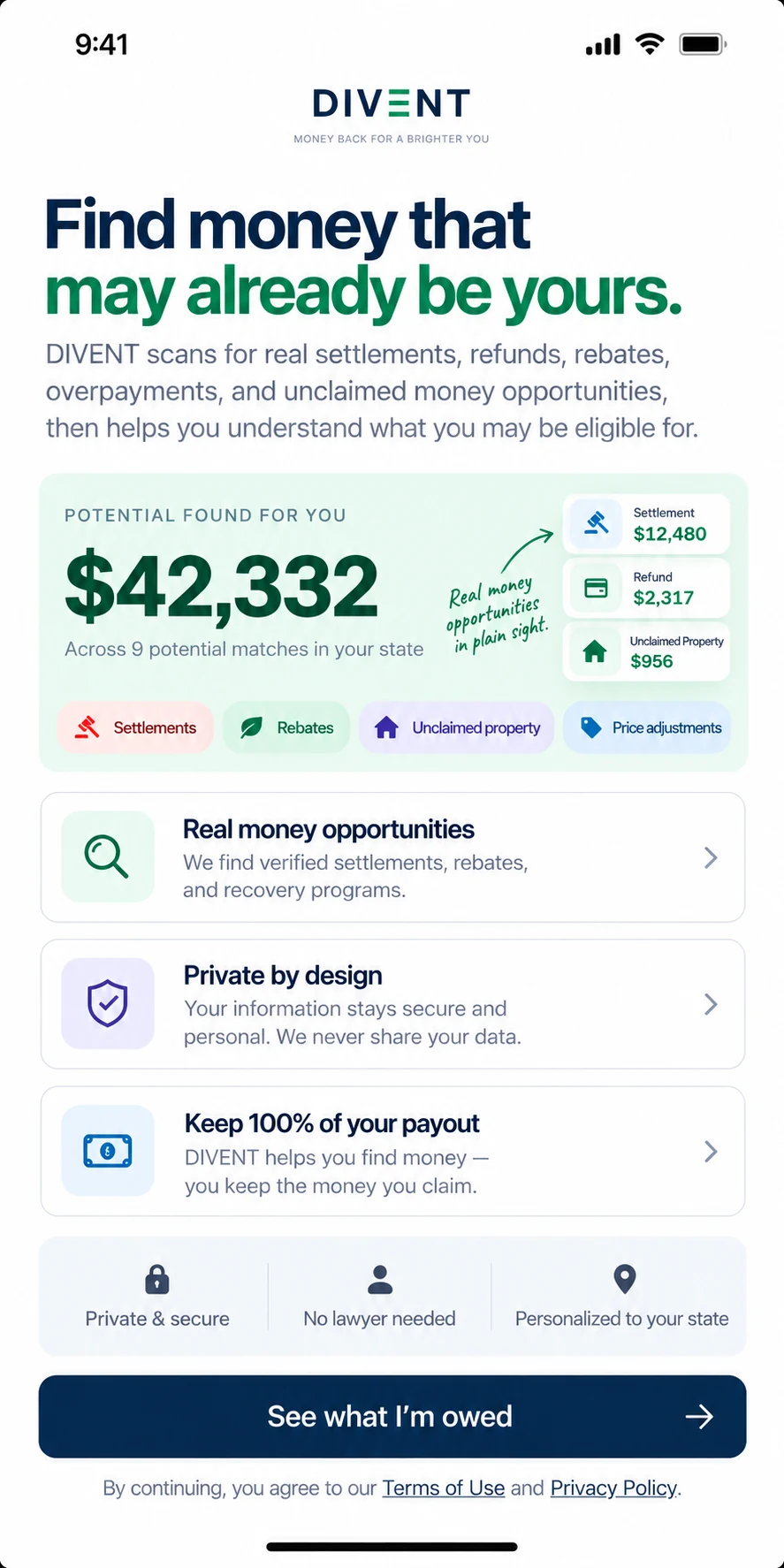 DIVENT welcome screen explaining the app